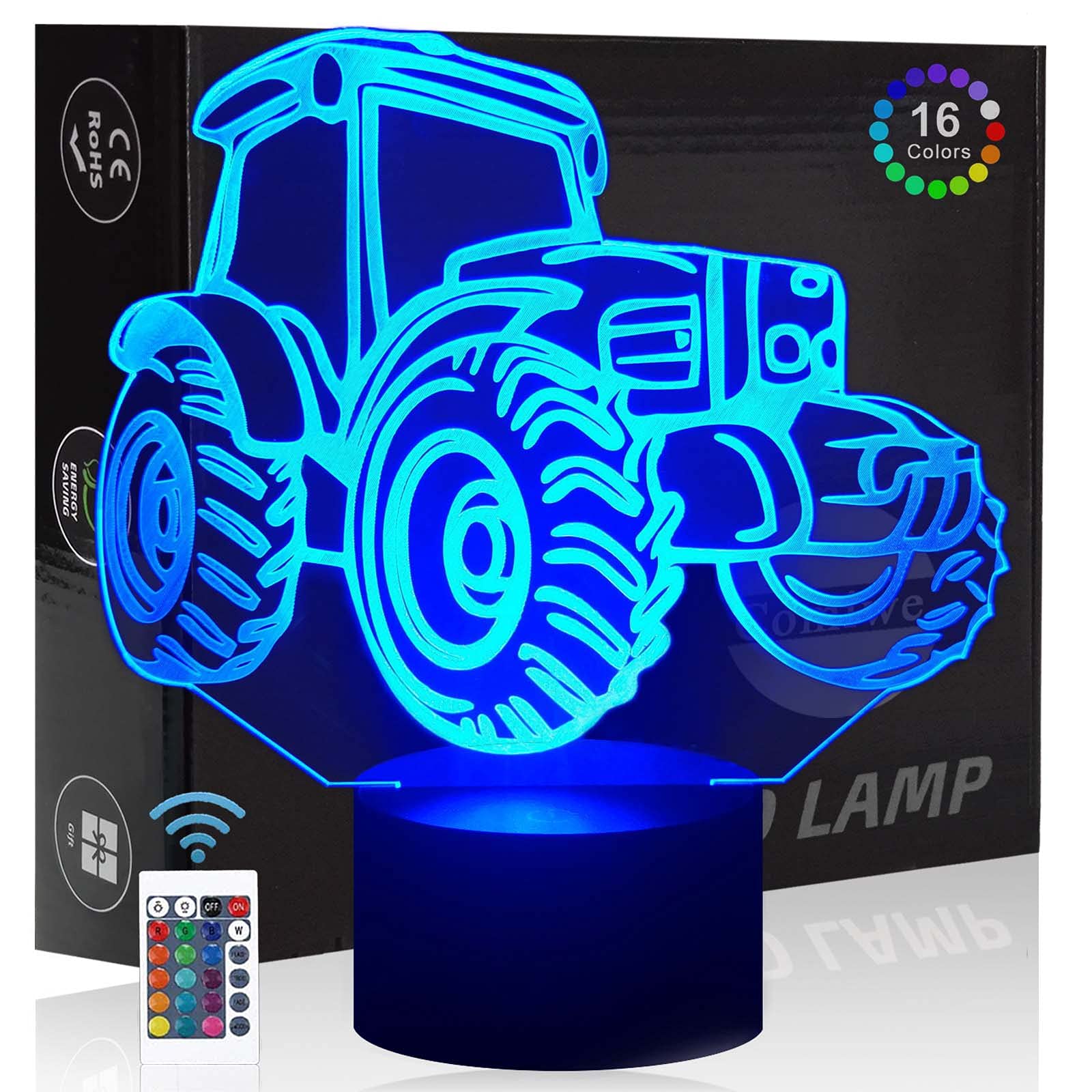Comiwe Tractor 3D Illusion Night Light Toys,16 Colours Change Smart Touch & Remote Control,Home Decor LED Bedside Table Desk Lamp,Christmas Birthday Gift for Girls Boys Kids Adults Friends & Family