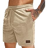 UK looes Men's Corduroy Shorts Casual Elastic Waist Drawstring Summer Beach Shorts Lightweight Shorts