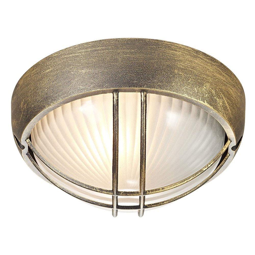 Black/Gold Die Cast Aluminium Outdoor Circular Bulkhead Porch or Wall Light by Happy Homewares