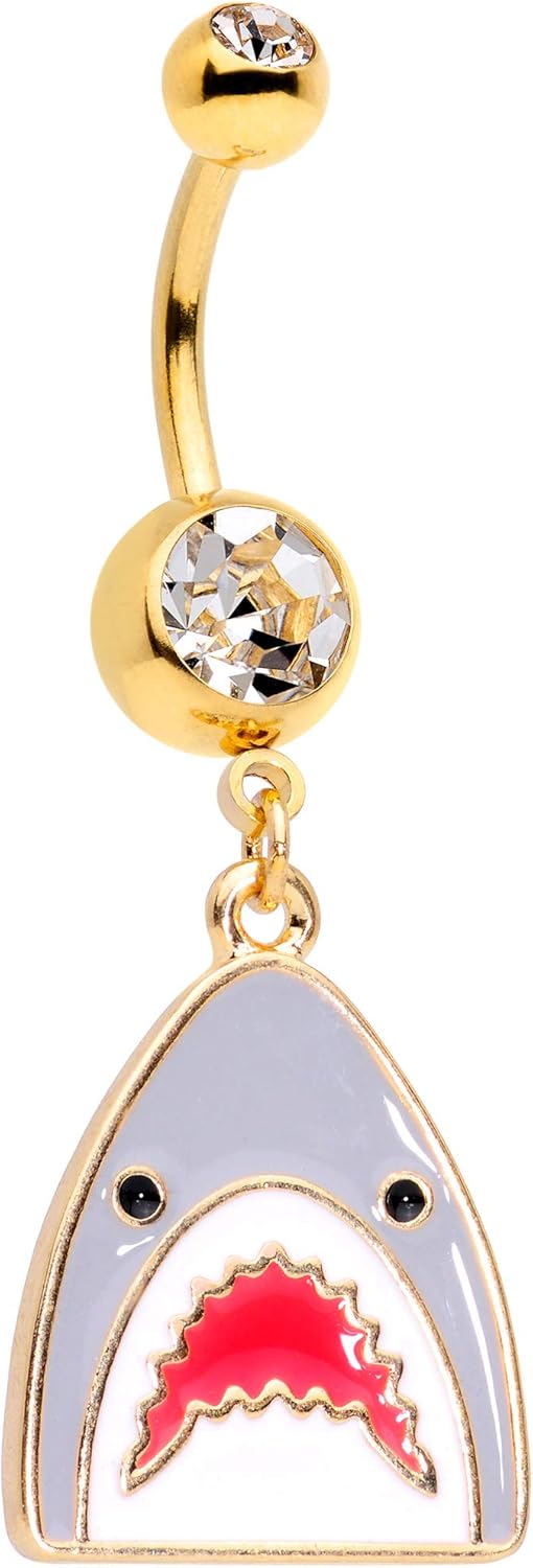 Body Candy Womens 14G PVD Steel Navel Ring Piercing Clear Accent Attack Shark Dangle Belly Button Ring