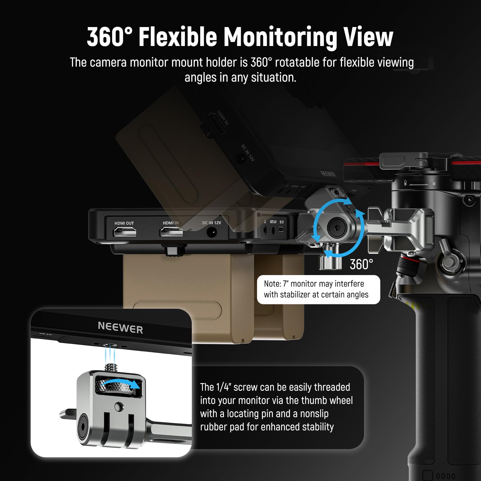 NEEWER NATO Monitor Mount for RS Gimbal, 360° Rotatable Field Monitor Holder with NATO Clamp, Cold Shoe, 1/4