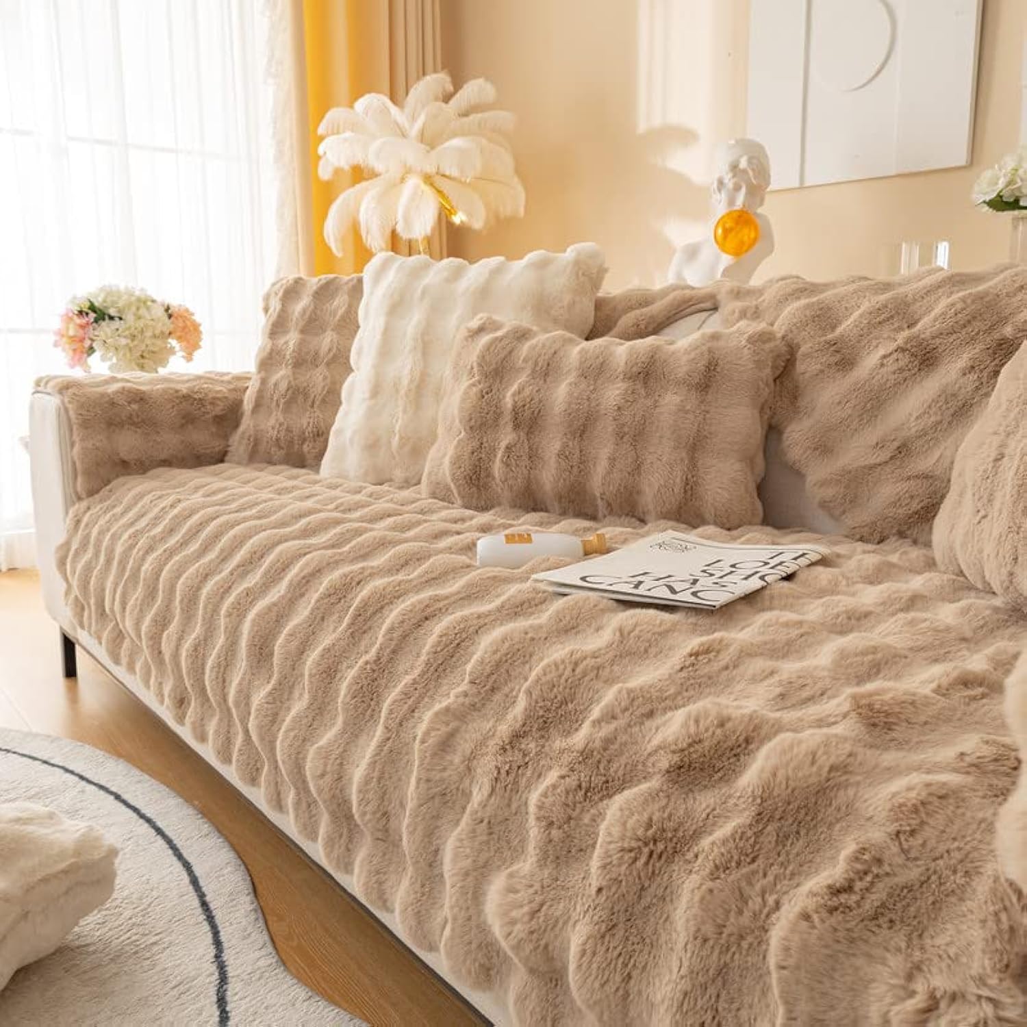 Topchances Soft Plush Sofa Cover - New Non-Slip Sofa Covers 1 2 3 Seater, Rabbit Faux Fur Couch Covers, Fluffy Couch Cover, Sofa Cover L Shape Furniture Protector for Living Room(Light Coffee,110x110) — image 1