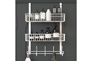 Aimeaihe Over The Door Hooks, Door Hanger Towel Rack with 5 Coat Hooks & 2 Mesh Basket, Over Door Organizer for Bathroom, Bedroom, Kitchen, Office, Easy Installation, White