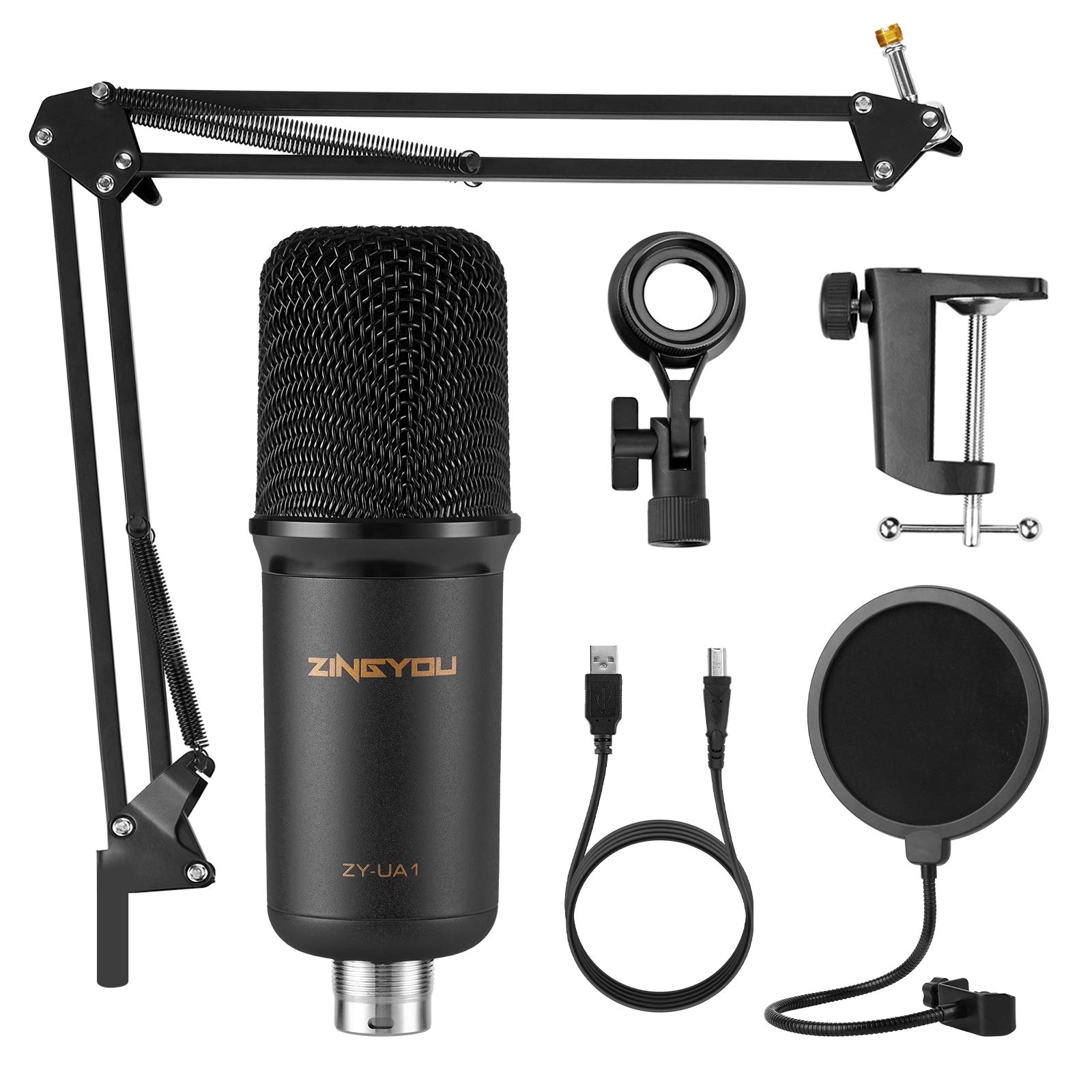 ZINGYOU USB Microphone Bundle ZY-UA1 PC Laptop Recording Condenser Mic Kit for Podcasting Gaming Streaming YouTube on macOS and Windows with Adjustable Scissor Arm Metal Shock Mount Pop Filter(Black)