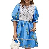 Wenrine Womens Casual Floral Mini Dress Summer Puff Short Sleeve Tie Front V Neck Patchwork Loose Boho Shirt Dresses