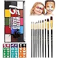 Face Painting Kit for Kids Adults, Water Activated Body Face Paint, 15 Colors Water Based Facepaints Makeup Palette 12 Pcs Brushes, Stencils, Non Toxic for Halloween Party Birthday Cosplay