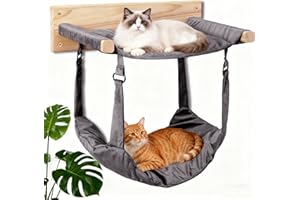 JSPYFITS Wooden Cat Wall Hammock, 18.9 x 12.6 Inch Double Layer Cat Furniture Hammock, Large Removable Multi-Function Cats Bed for Sleep/Play/Climb/Lounge Easy DIY Installation(Grey)
