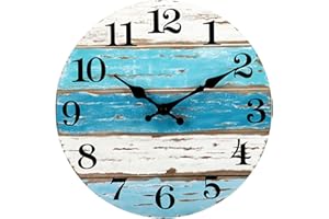 Kitchen Wall Clock, Wall Clock, 10 Inch Beach Themed Blue Decorative with Hook, Battery Operated Silent Round Vintage for Bed