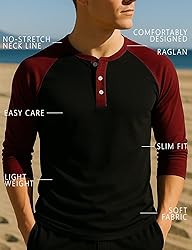 H2H Men's Slim Fit Casual Henley Raglan Baseball