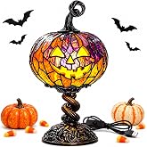 Tellsoul New Halloween Pumpkin Table Lamp - Gothic Resin Pumpkin Glow Lamp, USB Powered, Retro Decorative Table Lamp for Bedroom, Bookshelf, Halloween Seasonal Decor