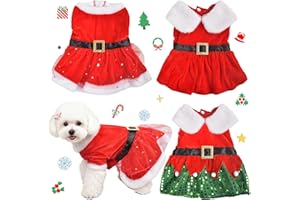 CHEZABBEY Dog Christmas Dress Outfit for Girl Dogs - 3 Pcs Puppy Fitwarm Clothes Set, Red Belt & Green Sparkly Sequin & Tulle Style Skirts for Small Medium Large Dog, Xmas Pet Cat Costume Dresses Outfits (S)