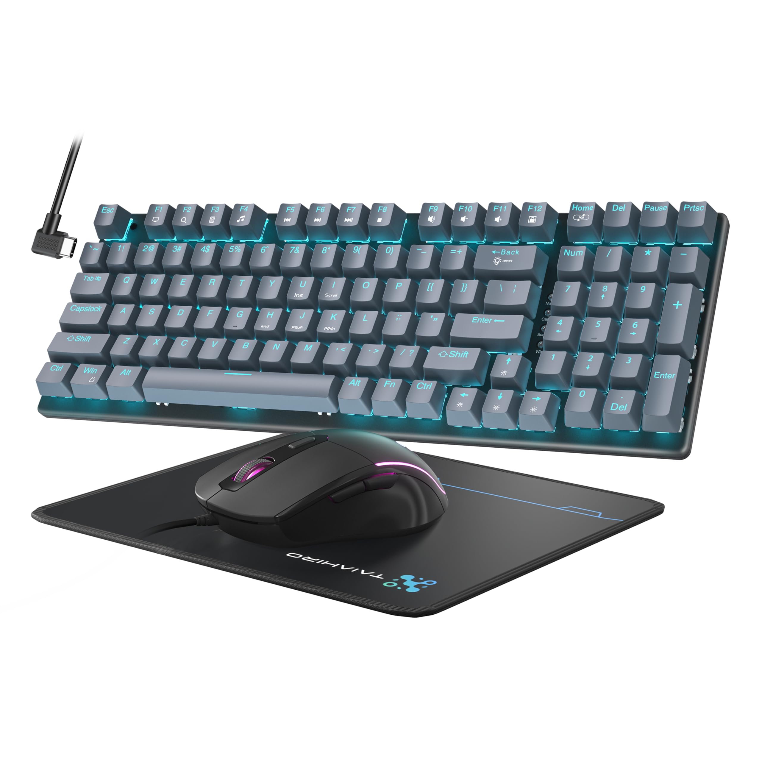 Mechanical Gaming Keyboard and Mouse, LED Backlit 98-Key Floating Keycap & 4 DPI RGB Gaming Mouse with Mouse Pad, Full Anti-Ghost Light Up Wired Computer Keyboards for MAC PC Gamer Accessories, Gray