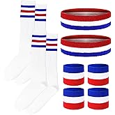 10 Pieces Striped Sweatbands and Striped Socks Set Headbands Wrist Sweat Bands for Men and Women Sports 80s 90s Fitness