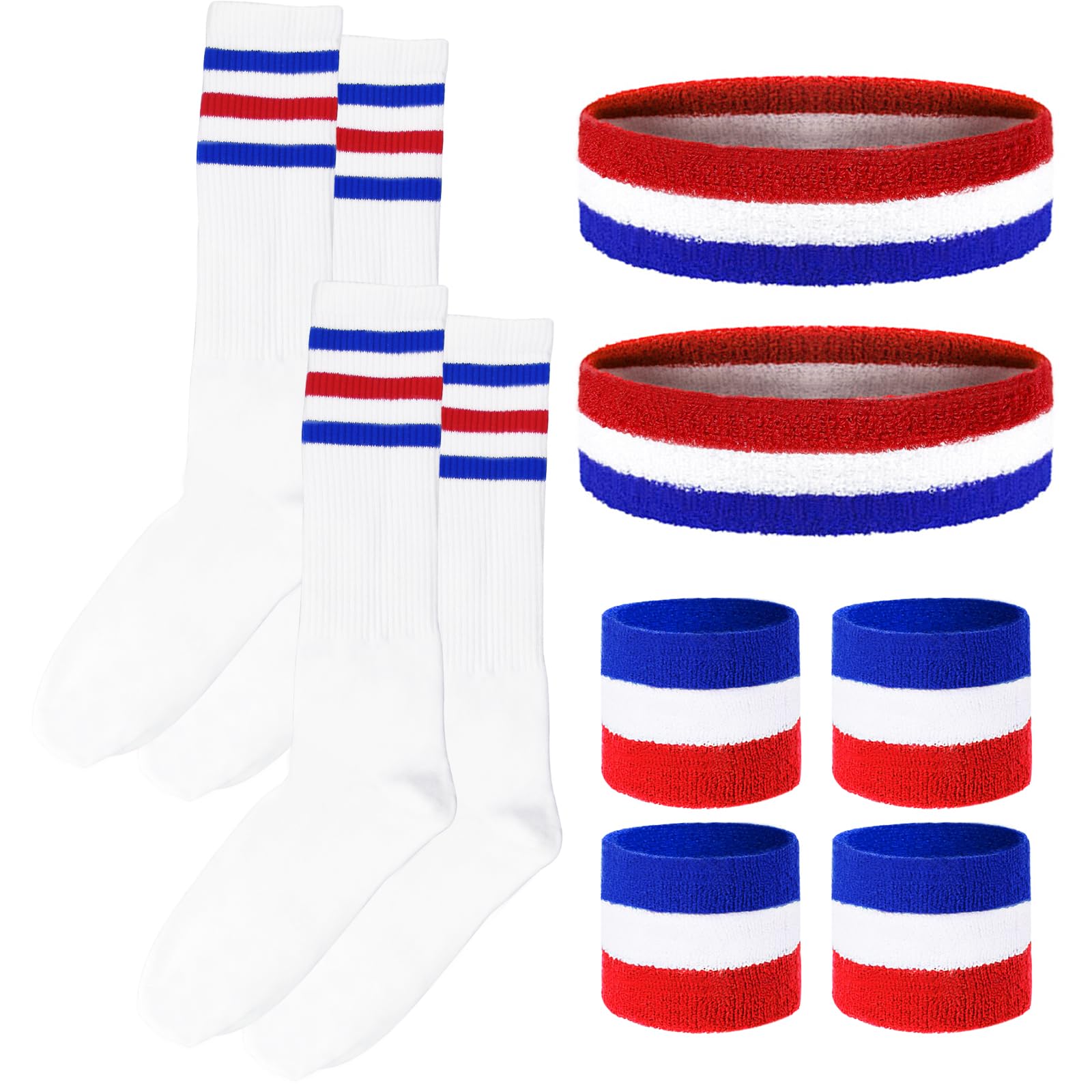 Photo 1 of 10 Pieces Striped Sweatbands and Socks Set Red White and Blue Sweatbands Set Headbands Wrist Sweat Bands for Men and Women Sports 80s 90s Fitness (Blue, Red and White)
