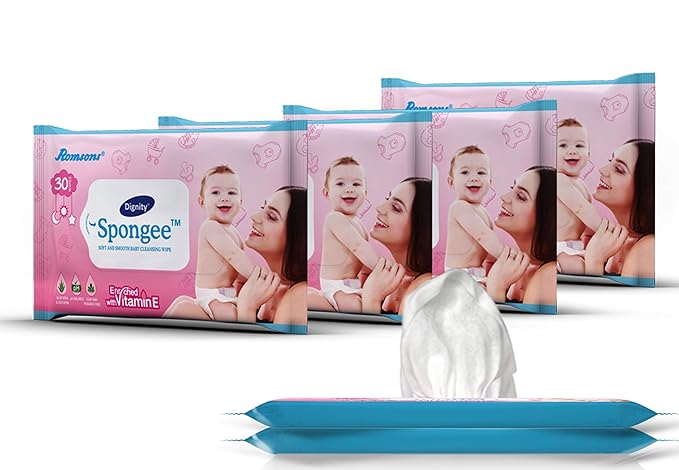 Dignity Spongee Baby Wet Wipes, 150 x 200 mm, 30 Wipes/Pack (Pack of 6, 180 Wipes)