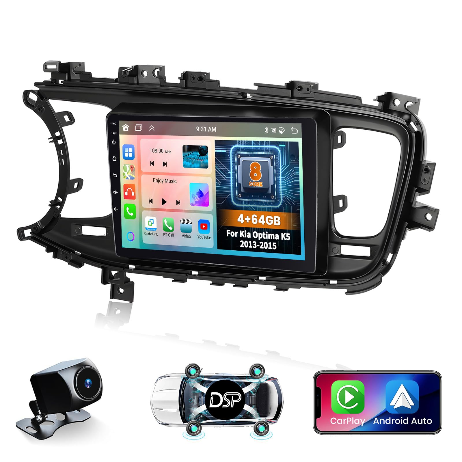 Photo 1 of 8 Core 4+64GB for Kia Optima K5 2013 2014 2015 Android Car Stereo, 9 Inch 1280 * 720 IPS Touchscreen Car Radio Wireless Carplay 59UI GPS Navigation WiFi 32EQ DSP Backup Camrea