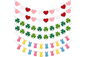 Bunny Chorus Valentine's Day Decorations, 6pcs Felt Heart Garland, Versatile Hearts St. Patrick's Day Shamrock Easter Bunny Valentines Day Banner for Home, Mantel, Wall, Office