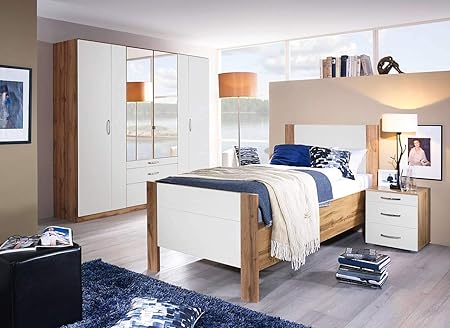 Lifestyle4living Schlafzimmer Komplett Set In Weiss Und Eiche Dekor 3 Teilig Modernes Komplettset Mit Drehturenschrank Bett Und Nachtschrank Amazon De Kuche Haushalt