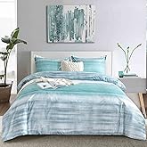 Faincy 7 Pcs Queen Size Comforter Set with Sheets, Blue, Grey and Teal Striped Pattern Print Alternative Bed Sets - 90 x 90 Soft Microfiber Modern Abstract Bedding in a Bag for Women Men, Gray