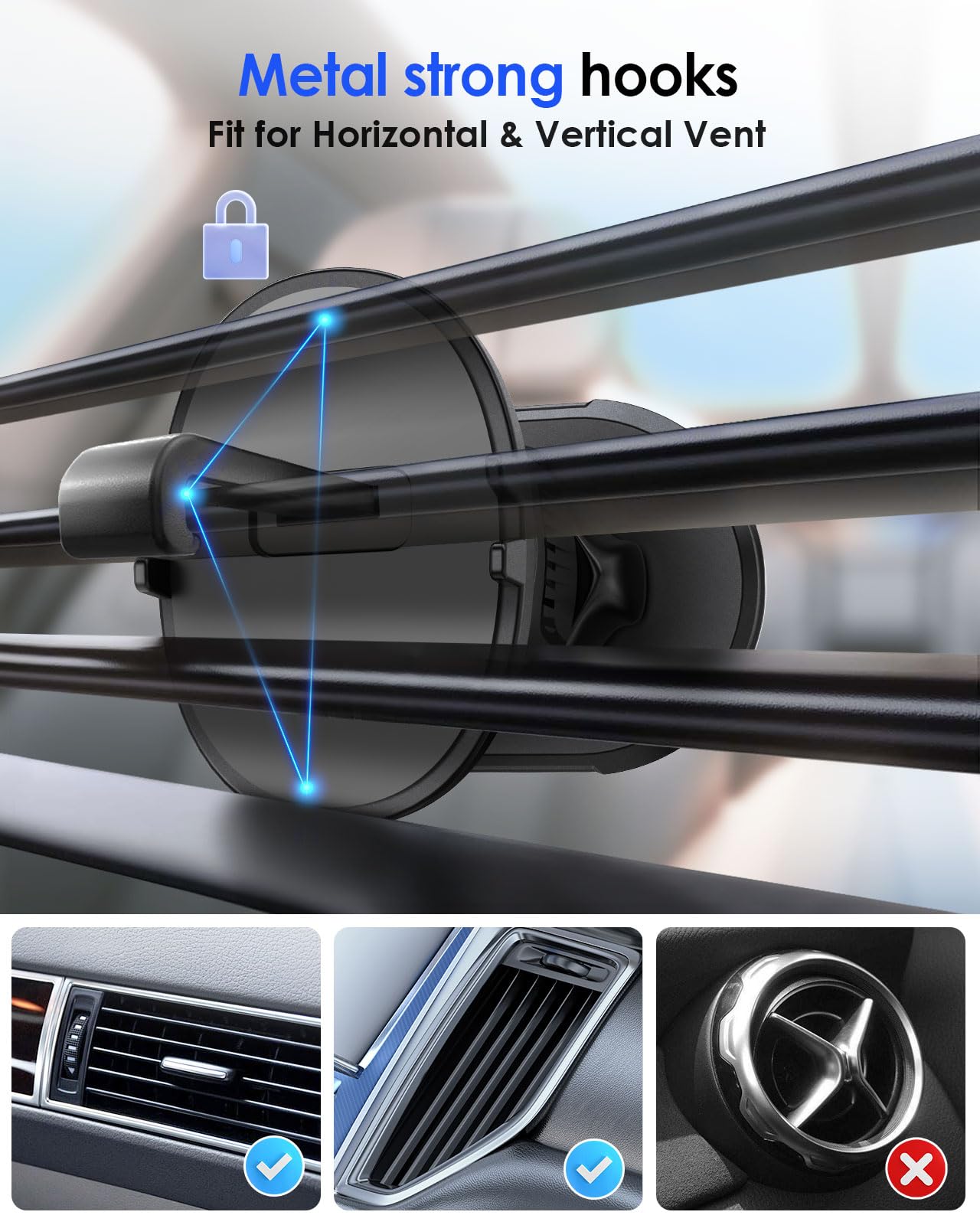 volport Magnetic Phone Mount for Car Vent: [Strong Magnet Clip Hook] Air Vent Holder for iPhone 15/14/13/12 Pro Max Plus Samsung S24 Ultra S24+ All Cell phone & Tablets (Sliver)