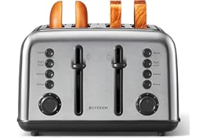 BUYDEEM DT640 4-Slice Toaster, Extra Wide Slots, Retro Stainless Steel with High Lift Lever, Bagel and Muffin Function, Removal Crumb Tray, 7-Shade Settings,Stainless Steel