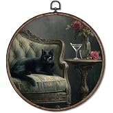 Giosve Dark Academia Black Cat Round Wall Art Canvas Framed Poster, Gothic Witchy Moody Black Cat Cocktail Martini Hanging Wall Sculptures for Home Bedroom Living Room Gallery Decor, 10x10 Inch