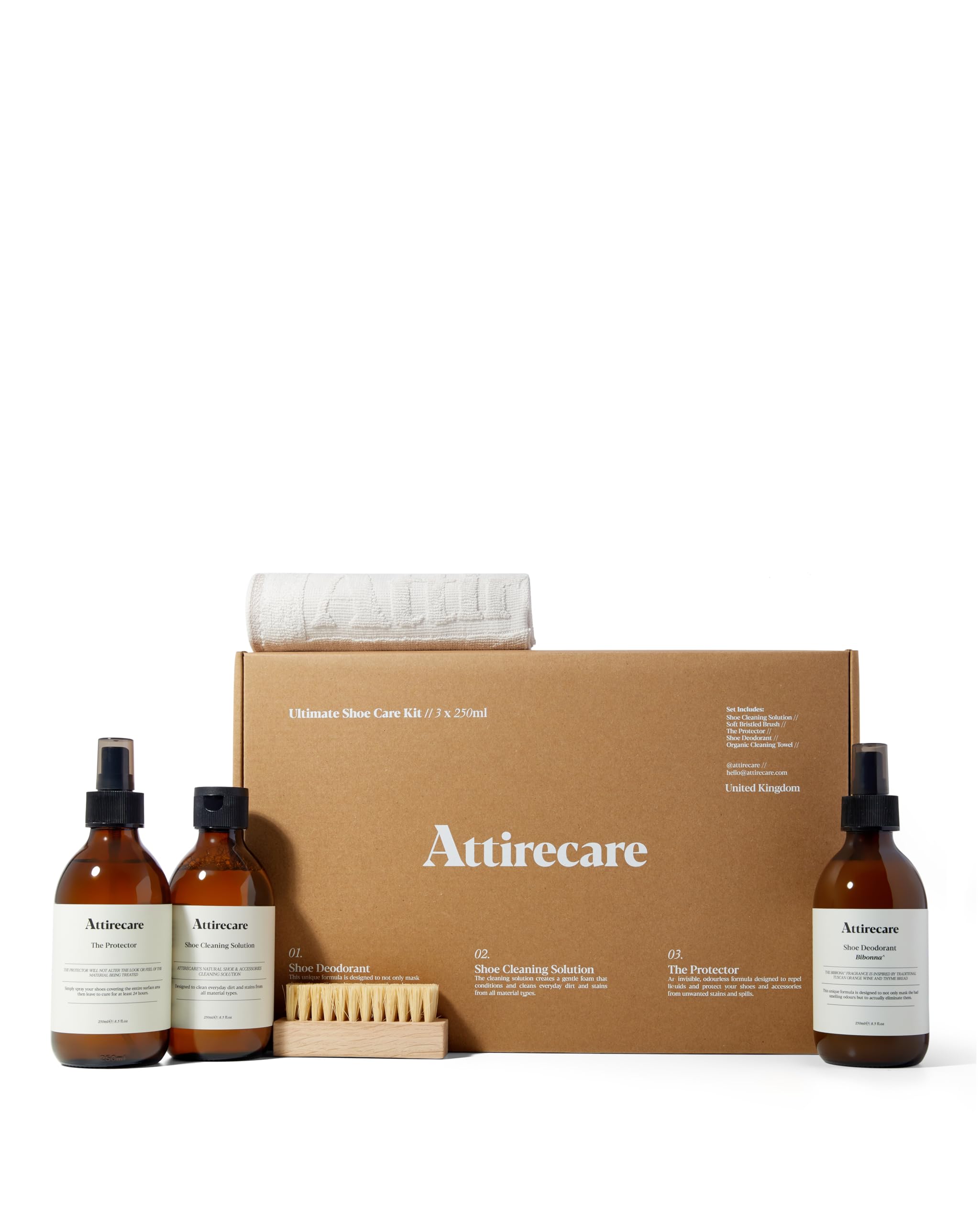 Attirecare Shoe Cleaning Kit - Leather, Boot, Trainers, Nubuck, Sneaker & Suede Cleaner - Cleaning Solution, Protector Spray, Deodorizer, Shoe Brush & Cotton Towel - Ultimate Travel Size Care Package