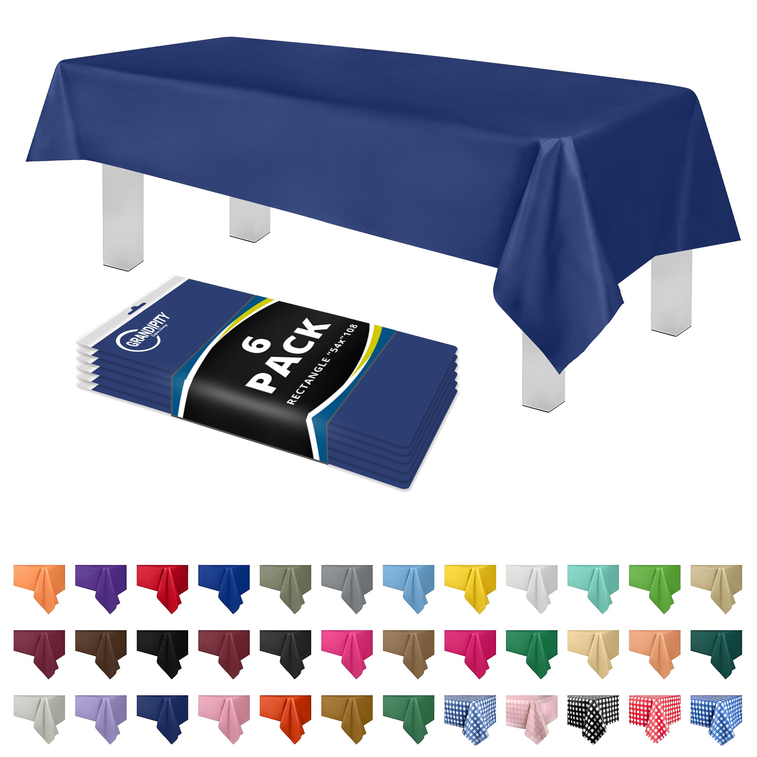 Grandipity Navy Blue Plastic Table Cloth Disposable (6 Pk) 54in x 108in Plastic Tablecloths for Rectangle Tables - Premium Party Table Cloths Disposable for 6ft to 8ft Rectangle Tables — image 1