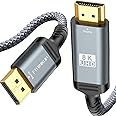 DisplayPort to HDMI Cable, 8K@60Hz, 4K@144Hz, 6.6 ft, DP 1.4 to HDMI 2.1, Braided, Uni-Directiona, Grey