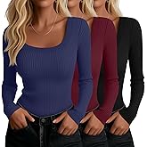 Ficerd 3 Pack Women Long Sleeve Ribbed Tops Scoop Neck T-Shirts Thermal Undershirts Casual Slim Fitted Basic Layer Tees