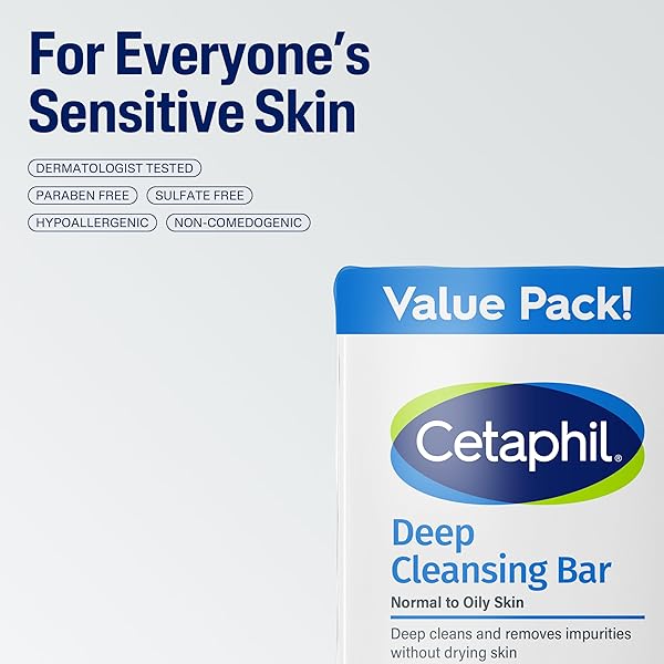 CETAPHIL BAR SOAP, DEEP CLEANSING FACE AND BODY BAR, PACK OF 6, FOR DRY TO NORMAL, SENSITIVE SKIN, SOAP FREE, HYPOALLERGENIC, PARABEN FREE, FRAGRANCE FREE, REMOVES MAKEUP, DIRT AND OIL