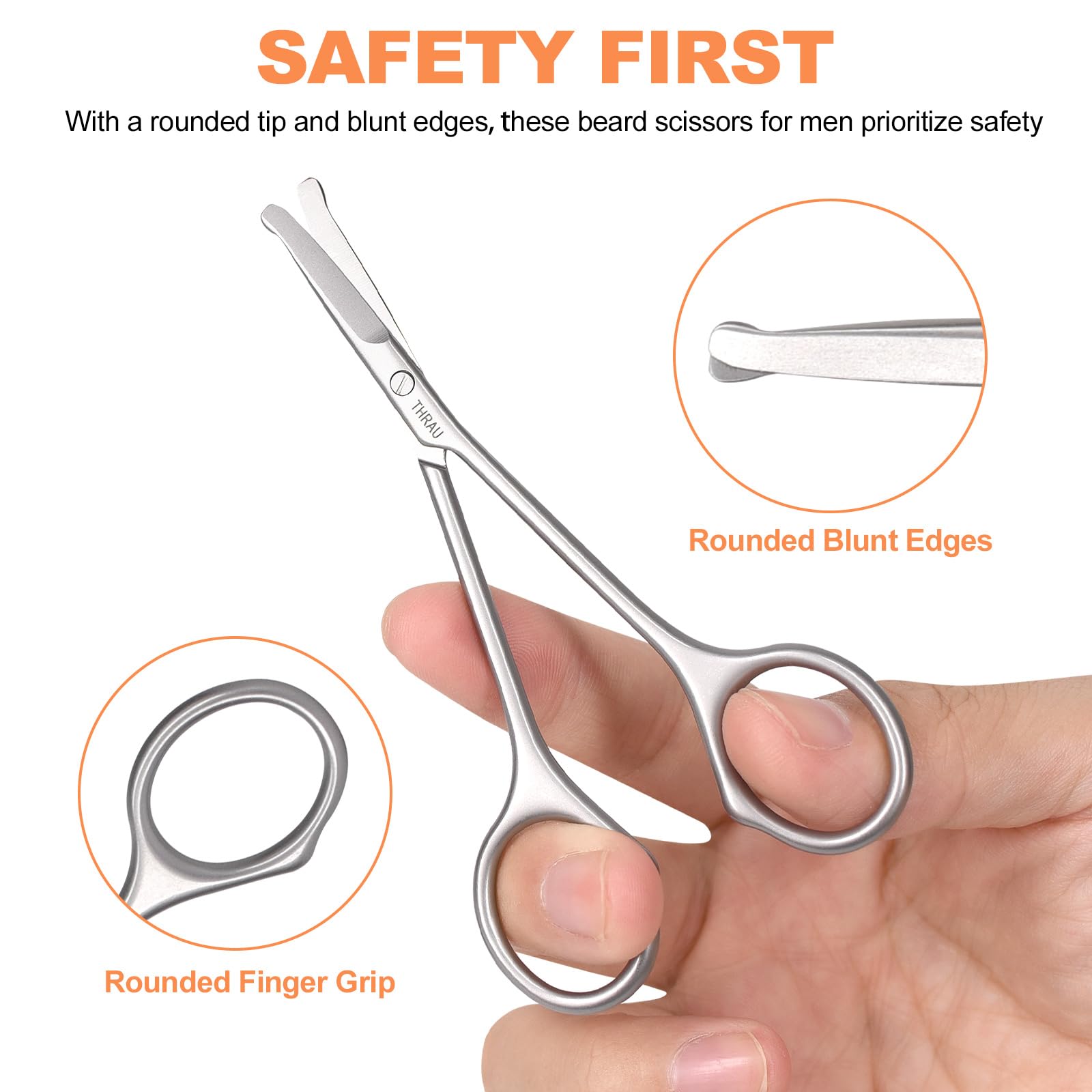 THRAU Small Scissors for Mustache & Beard, Nose Hair Scissors Round Tip Design, Grooming Scissors for Hair, Nose, Eyebrow Trimming, Mustache