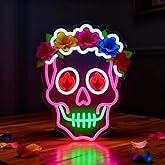 Day of the Dead Neon Sign - 15"x12.2" Mexican Sugar Skull LED Light for Wall Decor, USB Powered with 5-Level Dimmer, Halloween Dia de Los Muertos Party Decorations