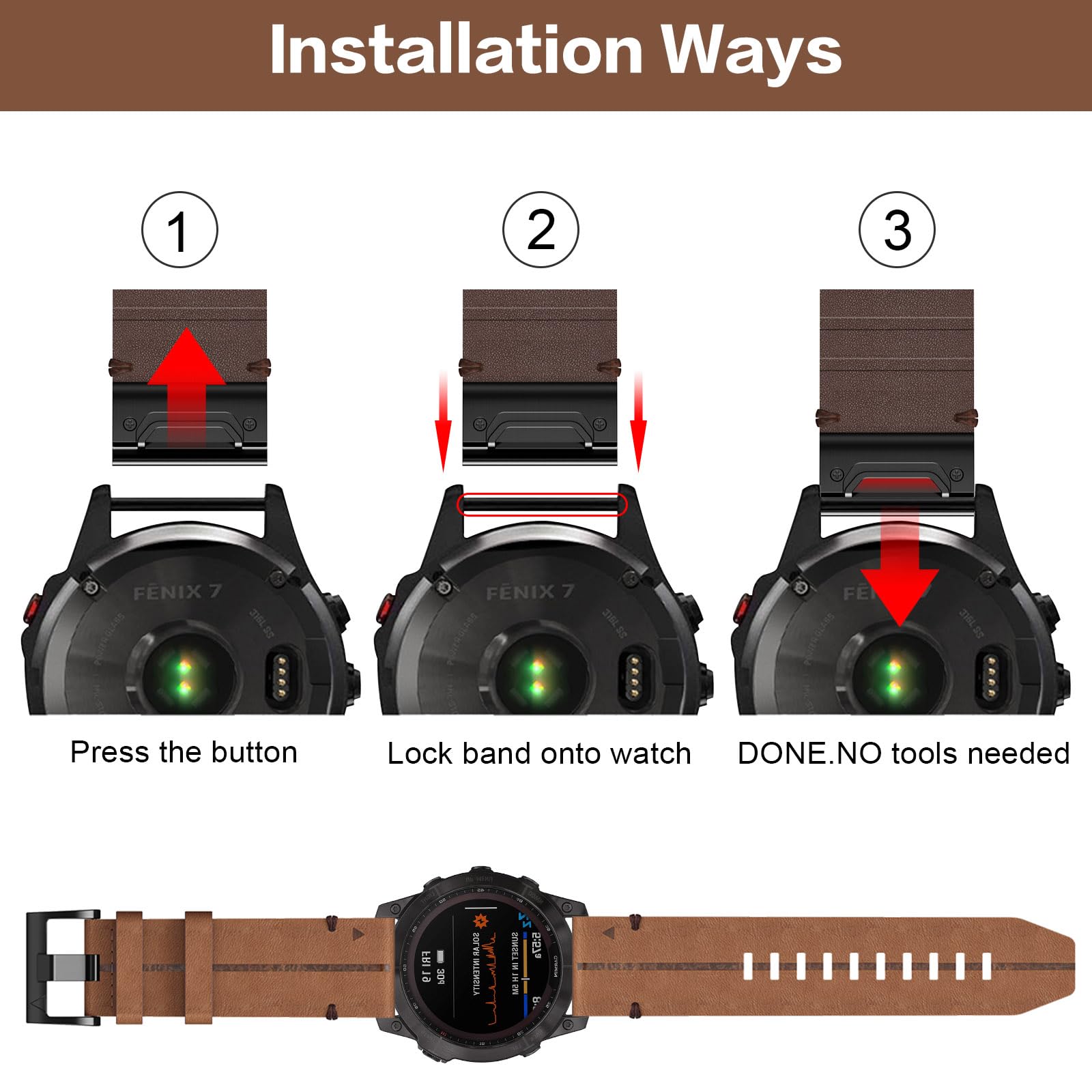 Fenix 7 Leder Armband, 22mm Uhr Ersatzarmband für Fenix 8 47 mm, Fenix 7 Solar, Fenix 7 Sapphire Solar, Fenix 6 /pro/Sapphire, Fenix 5 /plus, Forerunner 935/945/955, Approach S60, Quatix 5/6/7 8