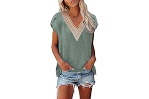 HUMMHUANJ Summer V Neck Short Sleeve Tops Casual Loose Printed Shirt Hollow T Shirt Top for Womens