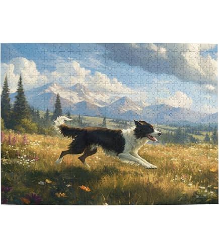 PigBangbang Holzpuzzle – 500 Teile, Motiv „Drei Hunde Border Collie“, Fertige Größe 52,3 X 38,4 Cm