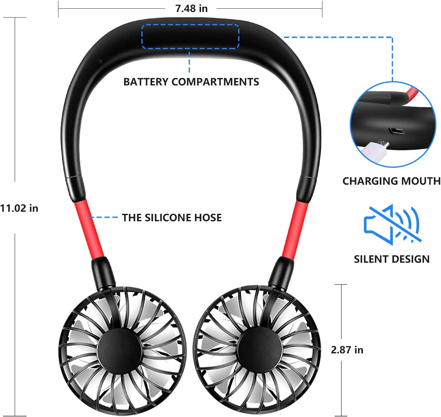Portable Neck Fan, Hand Free Personal Mini Fans USB Rechargeable,360 Degree Free Rotation for Traveling, Sports, Office, Reading (3 Speed Adjustable, Headphone Design) Wearable Neckband Cooler (Black): Sports & Outdoors