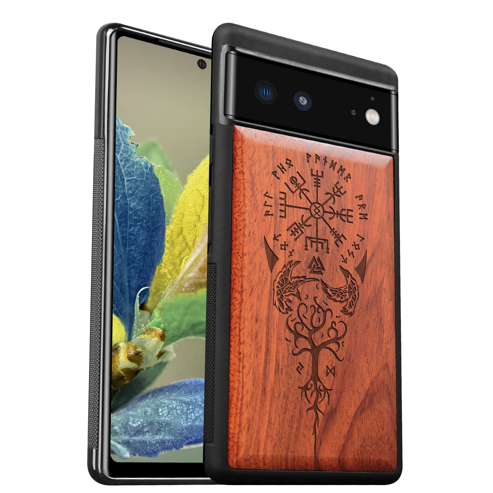 Carveit Wood Case for Pixel 6 - Hybrid Protective Cover - Real Wood & Soft TPU - Shockproof - Laser-Engraved Viking Compass Design - Rosy