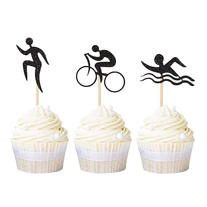 Newqueen 24 Pack Swim Bicycle Run Cupcake Toppers Black Glitter