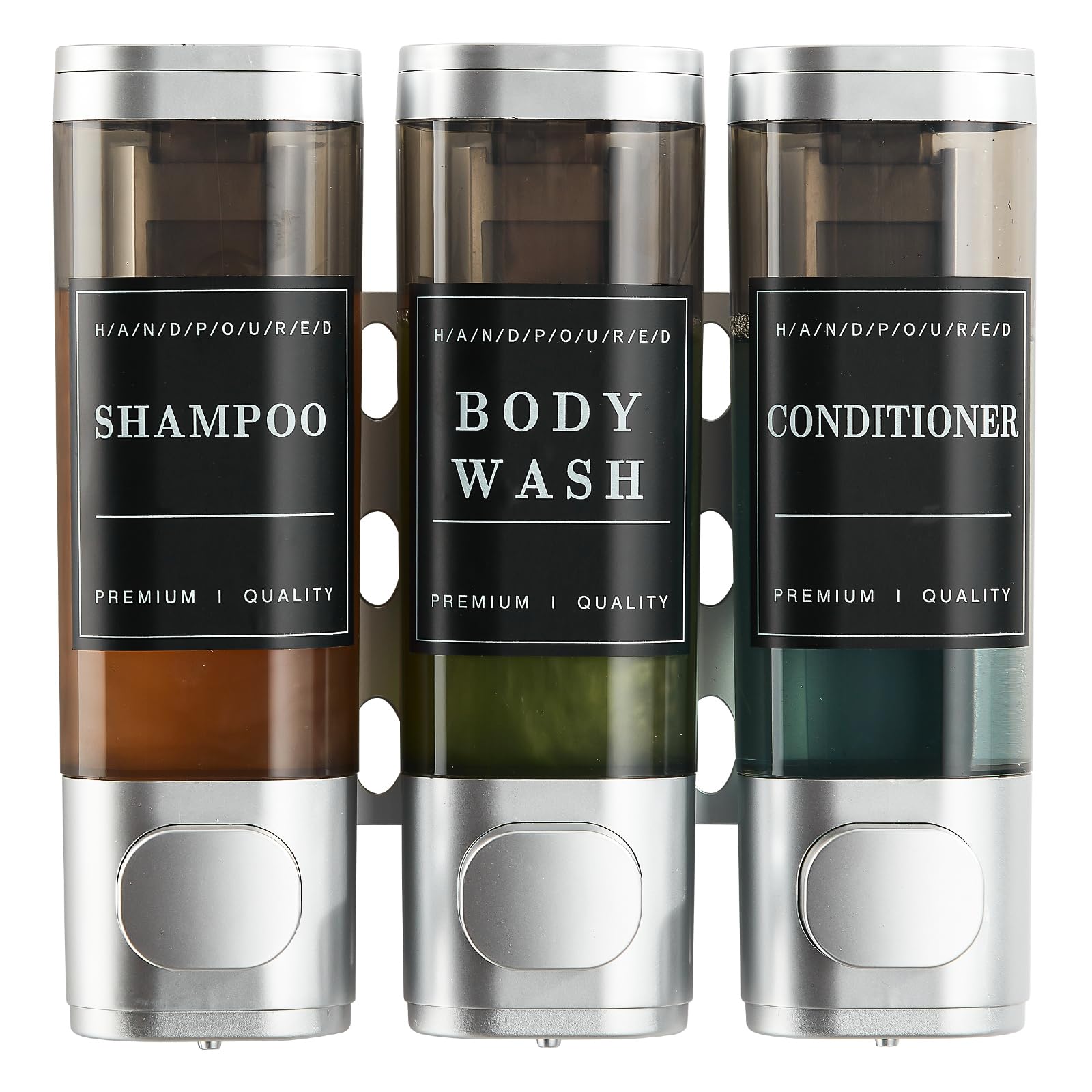 Photo 1 of *INCOMPLETE/DAMAGE** Shampoo and Conditioner Dispenser,Shower Dispenser 3 Chamber No Drill Wall-Mounted Shampoo Dispenser for Shower Wall Mounted Body Wash Dispenser for Bathroom Hotel Kitchen Large Capacity,Silver1