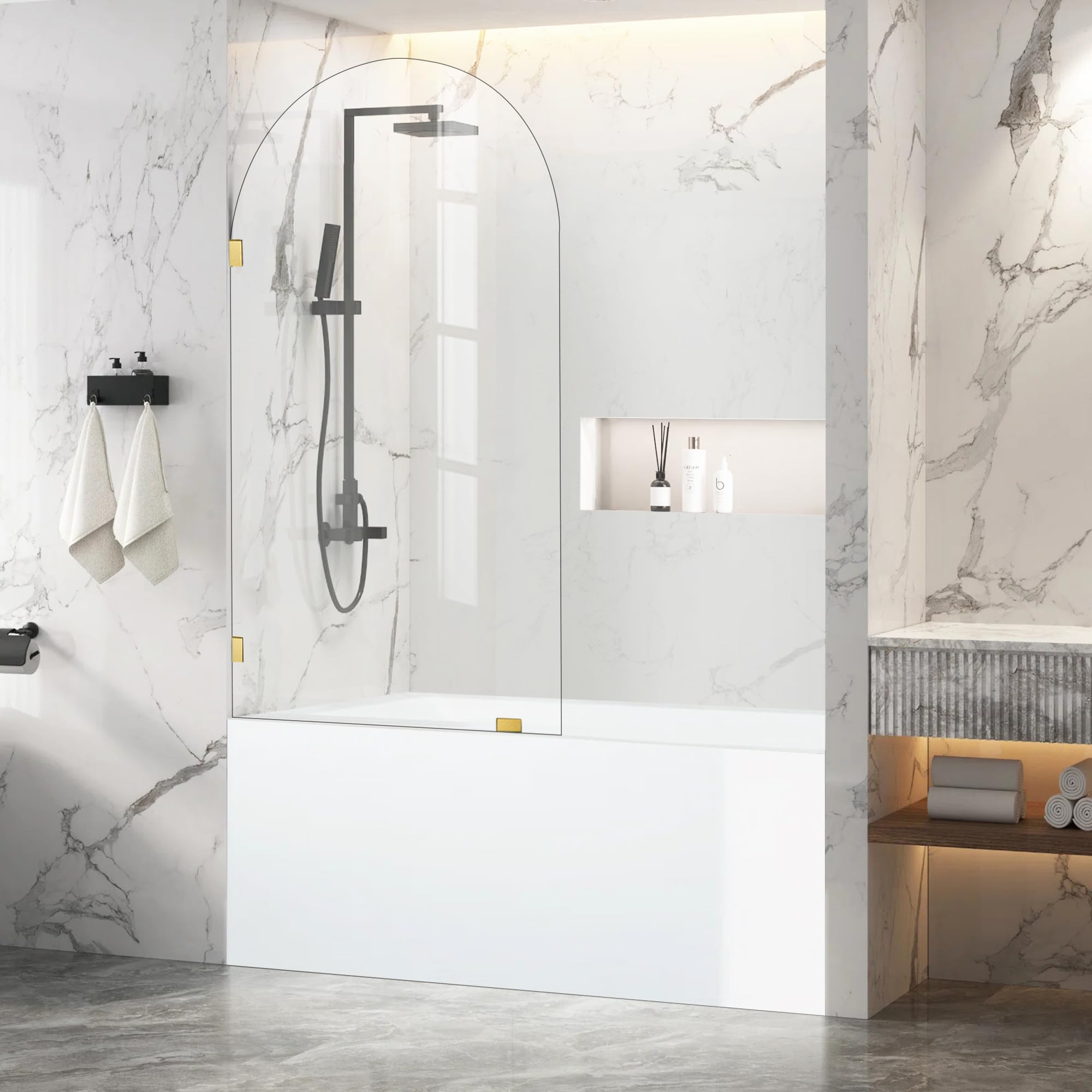 Photo 1 of 34" W X 58.25" H Tub Shower Door, Frameless Bathtub Glass Shower Door with Clamps, 5/16"(8mm) Clear Tempered Glass Bathroom Shower Screen Single Fixed Bath Panel in Brushed Gold