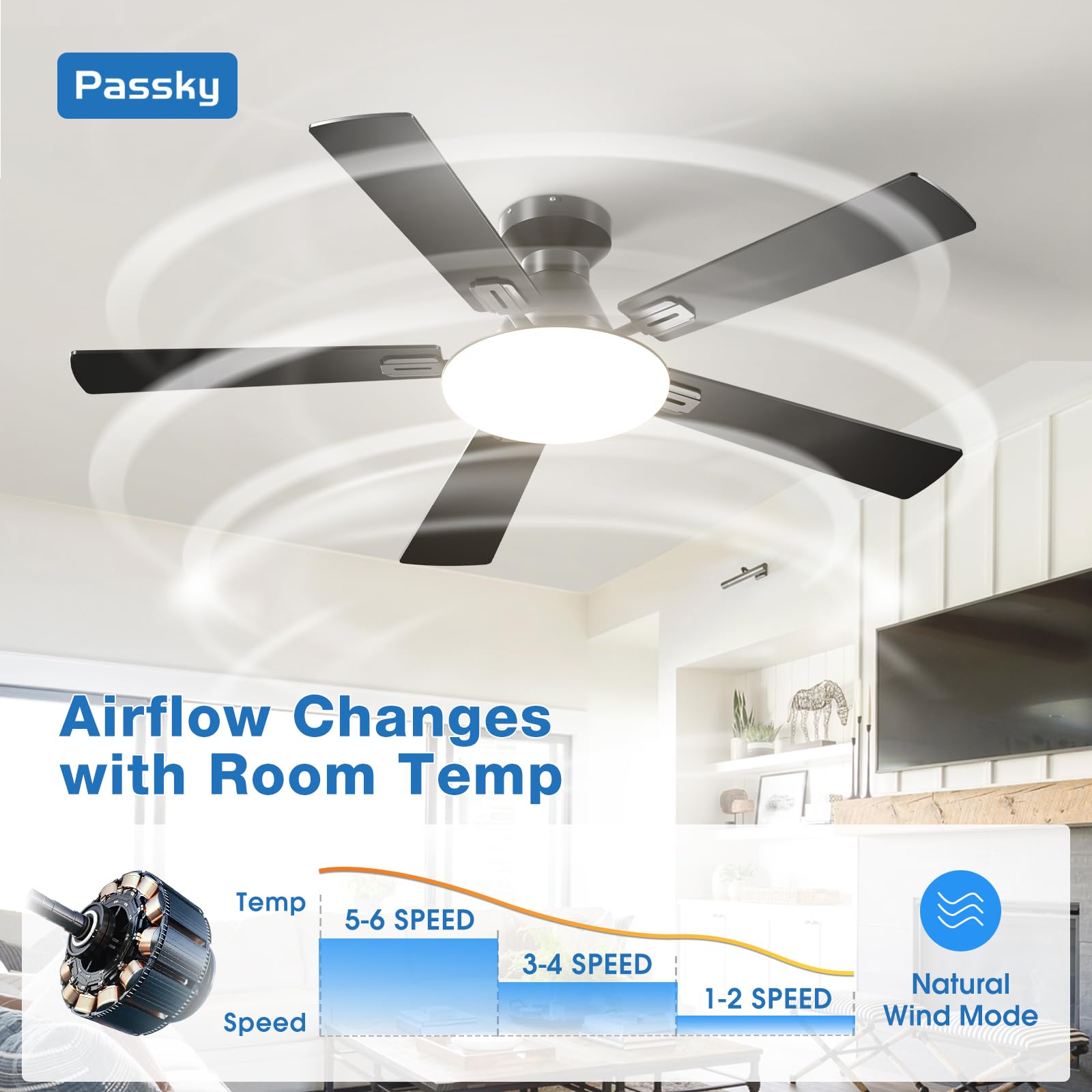 Passky Ceiling Fans with Lights, 52 inch Flush Mount Ceiling fan with Remote Control, Low Profile Ceiling Fan for Bedroom, Farmhouse, Reversible, 3CCT, Dimmable, Noiseless DC Motor, Black
