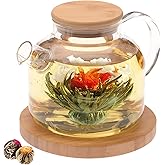 Teabloom Stovetop Safe Glass Teapot with Bamboo Lid (40oz/1200ml) + Loose Leaf Tea Filter Spout + 2 Blooming Teas + Large Bamboo Trivet - Natural Flowering Tea Gift Set