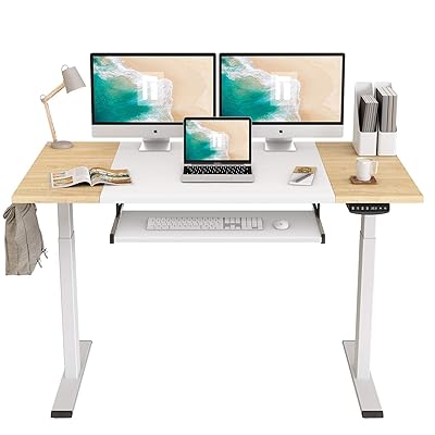 FEZIBO Dual Motor Height Adjustable Electric Standing Desk, 55 x 24 Inches Full Sit Stand Home Office Table with Splice Board, White Frame/Natural and White Top
