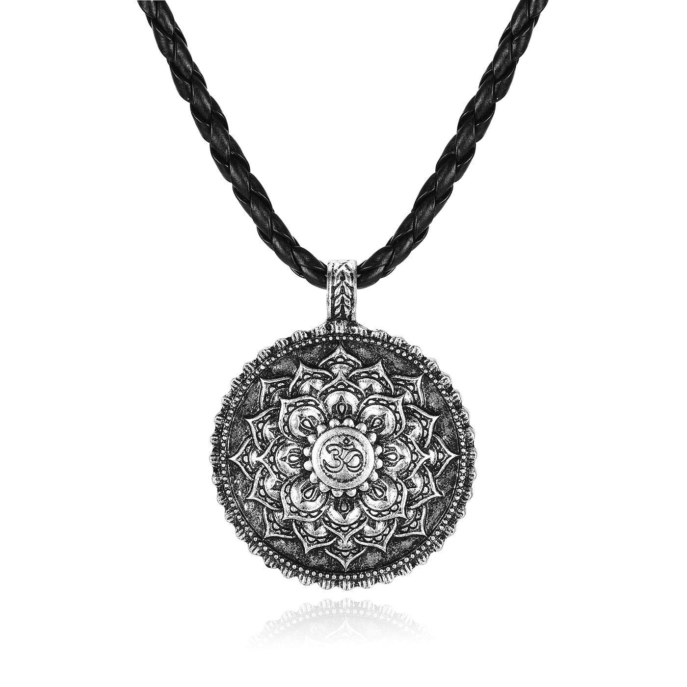 PiercingJak Black PU Leather Chakra Necklace Lotus Flower Pendant with Om Ohm Aum Symbol - Spiritual Jewelry Gift for Men