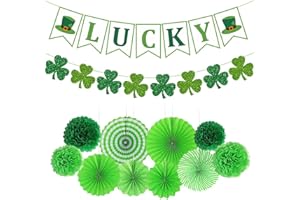 HEYPRIIL St Patricks Day Decorations, St Patty's Saint Decor Accessories for Irish Party Supplies, Including Paper Fan, Glitter Lucky Banner, Shamrock Garlands Clover, Green