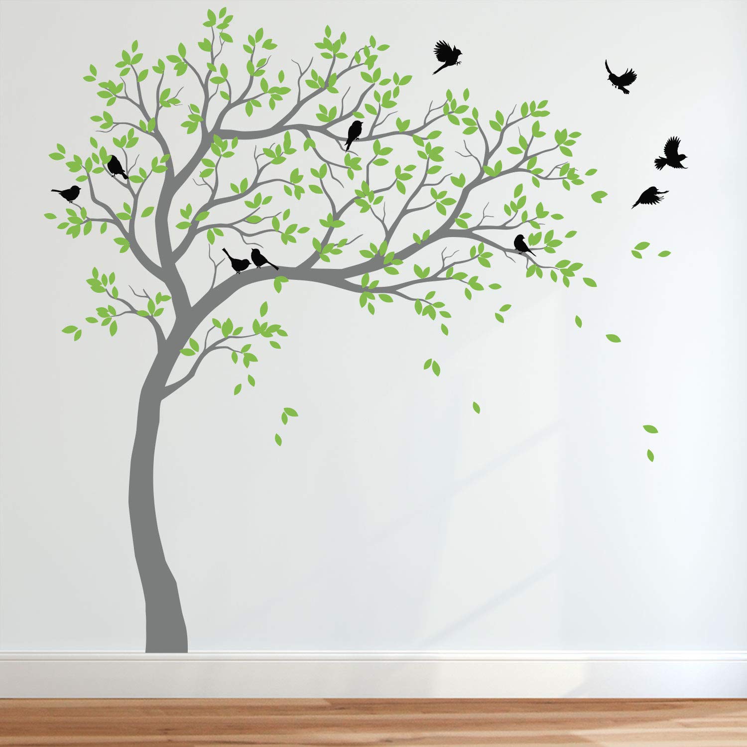 Large Tree Wall Decals Wall Tattoo Large Nursery Tree Decals Wall Mural Removable Vinyl Wall Sticker (Leaning Right, Grey, Lime-Tree Green, Black)