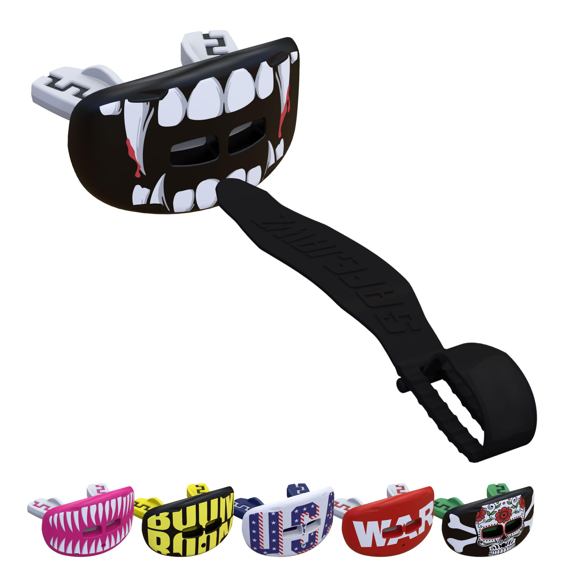 SafeJawz Sports Lip Guard, Football Mouth Guard with Detachable Strap, Adults and Junior Breathable Lip Protector, American Football, Lacrosse (Black Fangz)