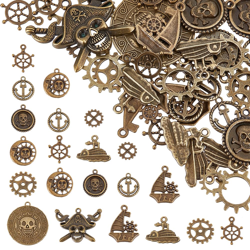 SUNNYCLUE 1 Box 58Pcs 11 Styles Steampunk Charms Bulk Pirate Charms Alloy Vintage Gear Mechanical Metal Steam Punk Sea Nautical Charm for Jewellery Making Supplies DIY Necklace Bracelet Earring
