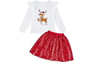 RAISEVERN Girls Christmas 2 Piece Outfit Glitter Skirt Sets and Ruffles Long Sleeve Shirts Tops Clothes 2-6 Years